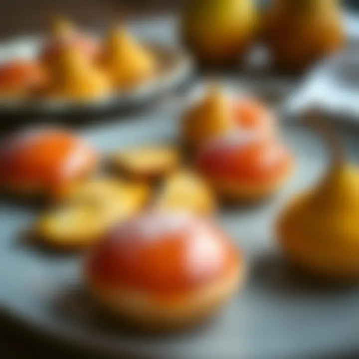 A beautifully arranged plate of pear puffs showcasing their glossy surface and vibrant colors.