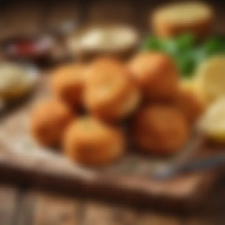 A close-up view of fish croquettes on a wooden table