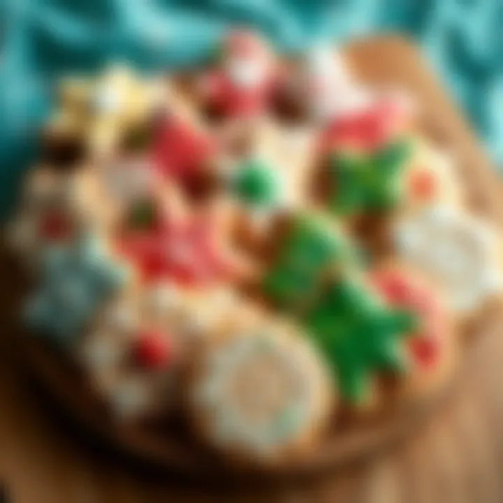 A beautifully arranged platter of festive cookies, showcasing intricate designs and vibrant colors.