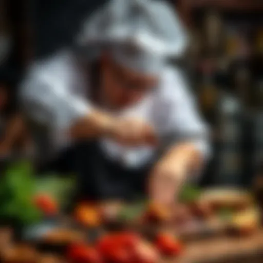 Artisan chef carefully arranging ingredients for kebab preparation