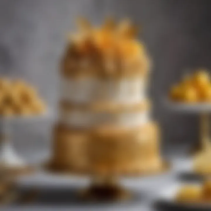 An elegant tiered cake adorned with edible gold accents.