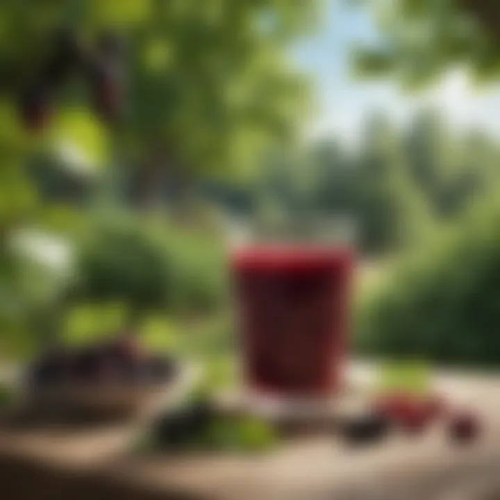 Refreshing mulberry juice with a backdrop of lush mulberry trees