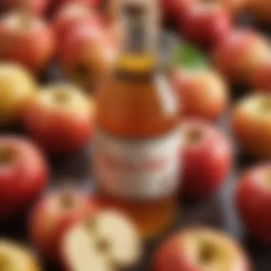 A close-up of apple cider vinegar with fresh apples around