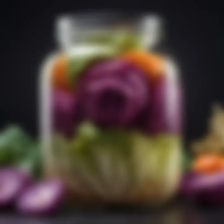 Fermented cabbage in a glass jar showcasing vibrant colors