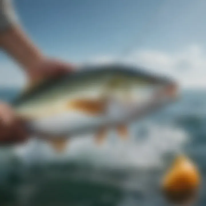 A close-up of a fisherman catching fish in a serene sea