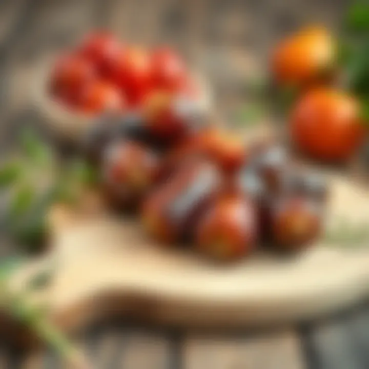 Delicious dates arranged elegantly on a wooden board