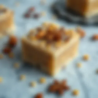 Close-up of semolina halva garnished with nuts and spices