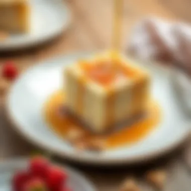 A beautifully plated semolina halva dessert with a drizzle of syrup