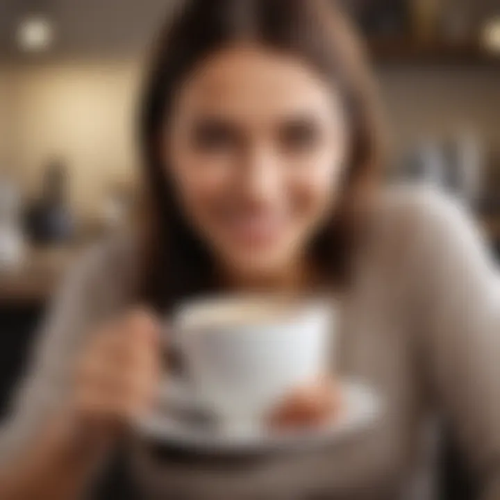 An individual enjoying a cup of coffee with a smile