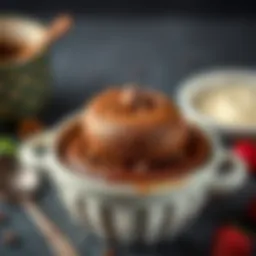 Elegant chocolate souffle in a ceramic dish