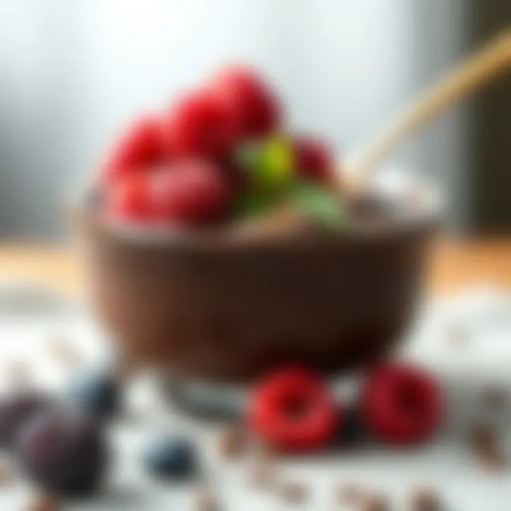 A rich bowl of spoon chocolate topped with fresh berries