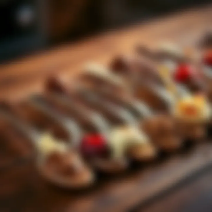 A variety of spoon chocolate flavors arranged artistically on a wooden table