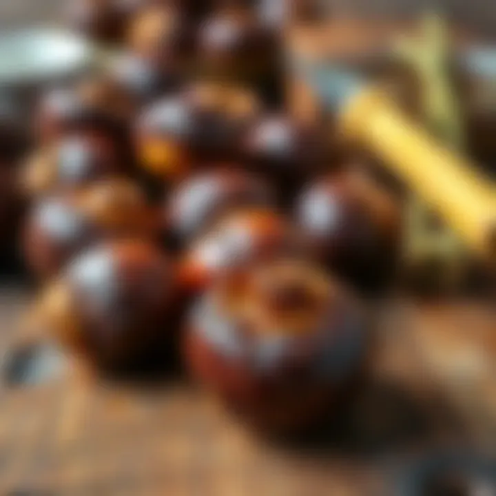 A close-up view of roasted chestnuts on a wooden table