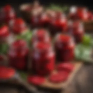 Homemade Red Pickles in Jars Colorful jars of homemade red pickles