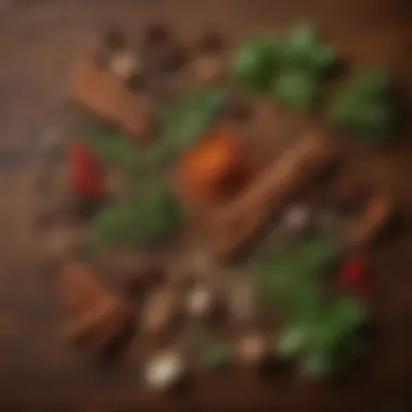 Seasoning herbs and spices scattered on a wooden surface