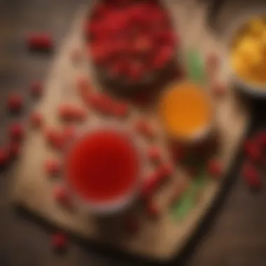 Ingredients for making cornelian cherry juice on a wooden table