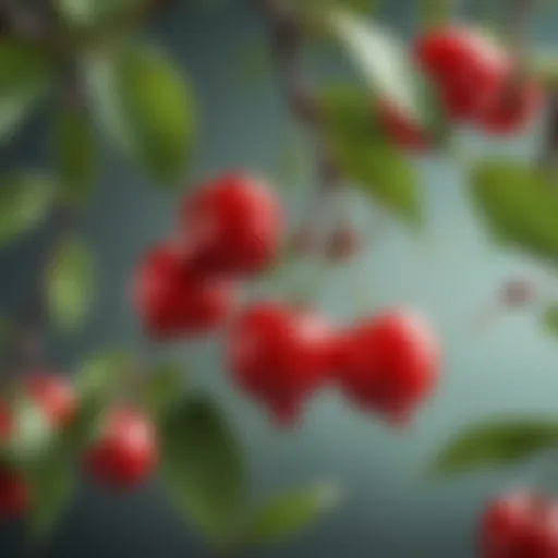 A close-up of vibrant red cornelian cherries on a branch