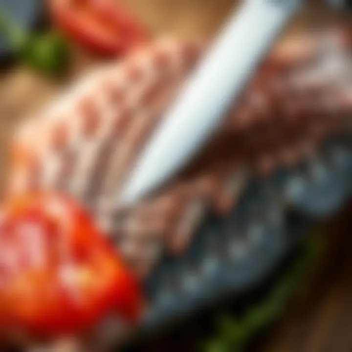 Close-up of fish scales being removed with a knife