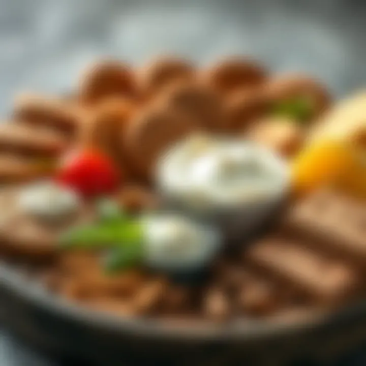 An assortment of ingredients displayed for making mosaic cake, including biscuits, cocoa, and cream