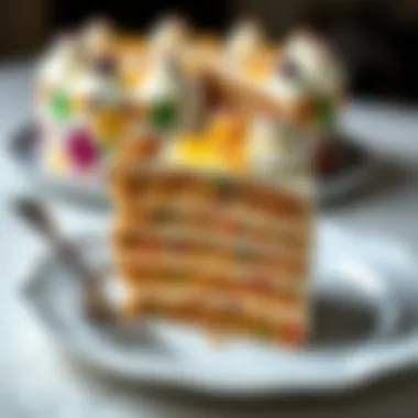 A close-up of a slice of mosaic cake revealing its intricate layers and textures