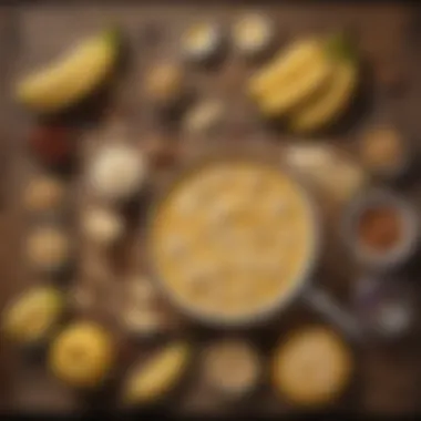 A colorful display of ingredients used in banana desserts laid out on a rustic wooden table.