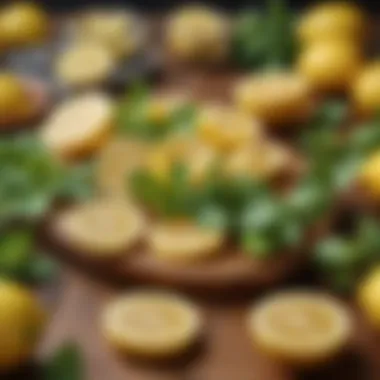 Close-up of vibrant lemon slices and fresh mint on a wooden table