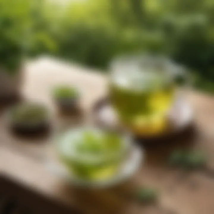 A serene setting with a cup of green tea on a wooden table surrounded by nature