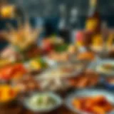 Vibrant display of various fish dishes on a dining table