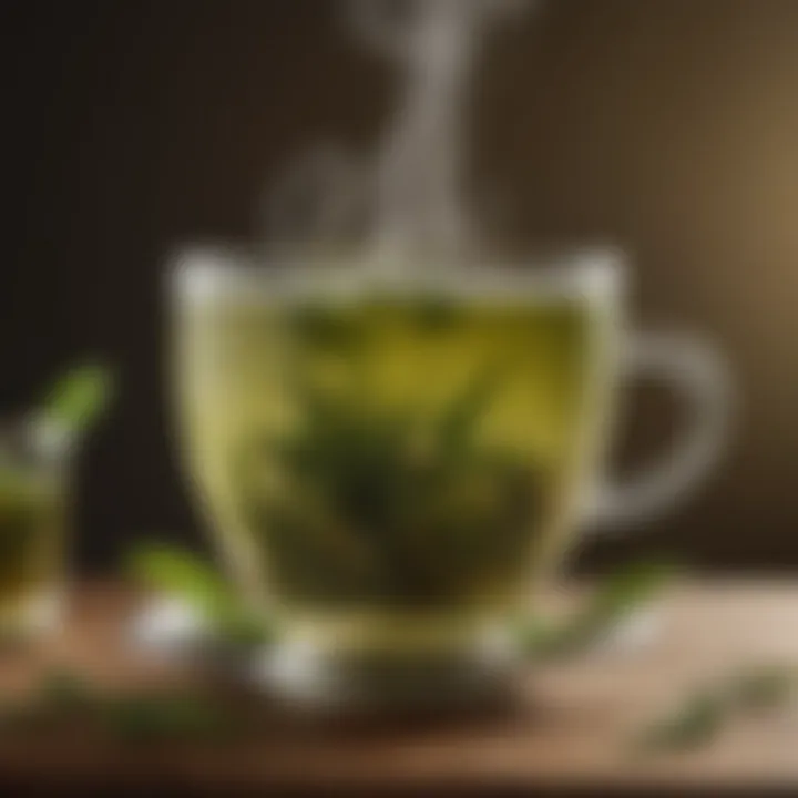 A close-up of a steaming cup of green tea with herbs.