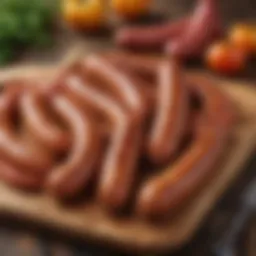 Artisanal sausage links displayed on a wooden board