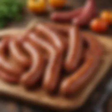 Artisanal sausage links displayed on a wooden board