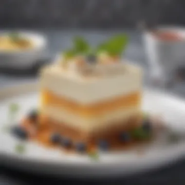 An elegant dessert featuring creamy layers adorned with delicate garnishes.