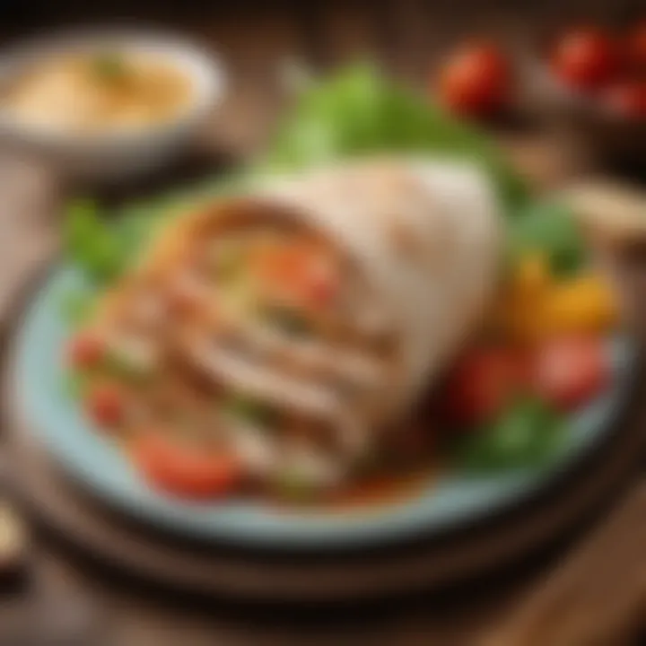 A vibrant presentation of chicken wrap served on a plate.