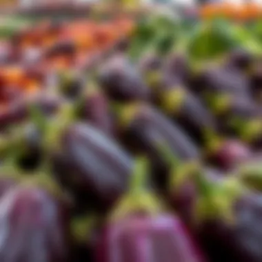 Fresh eggplants in a farmer's market showcasing their vibrant colors